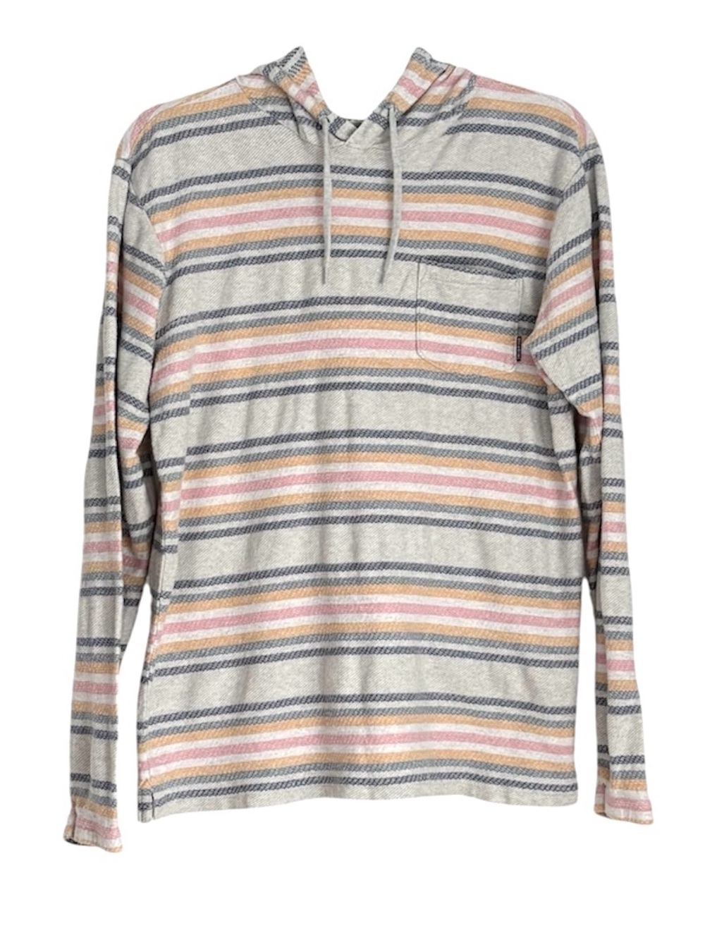 Billabong Men's Striped Hooded Pullover in Gray w/ Blue, Yellow and Pink Stripes